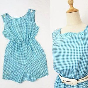 1960's Turquoise & White Gingham Checkered One Piece Cotton Playsuit, Romper,